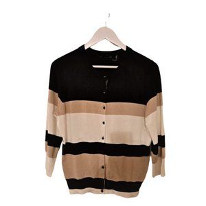 GLM Ivory, Tan & Black Crewneck 3/4 Sleeve Color Block / Striped Cardigan - M